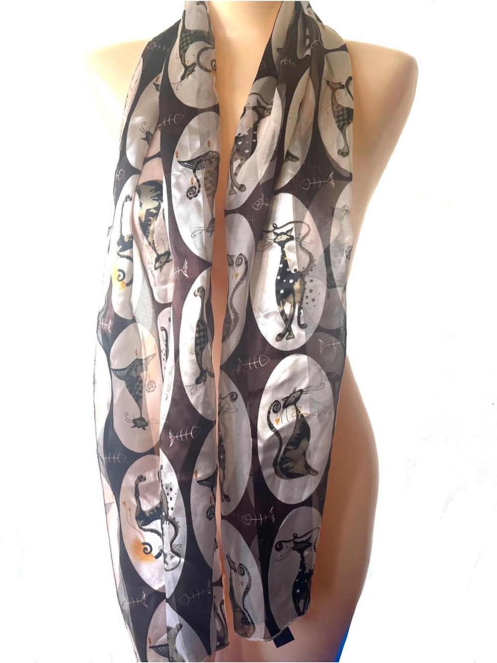 Vintage Silk Feel Cat Print Scarf Retro Stylized Cats & Fishbones 13 X 60